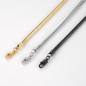 Polished stainless steel square snake chain bracelets in gold, silver, and black tones