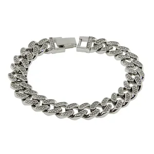 Close-up of 316L stainless steel Cuban chain bracelet with pave set cubic zirconia crystals