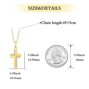 Gold stainless steel cross necklace with cubic zirconia and size dimensions chart
