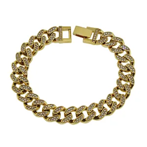 Hip hop style gold plated 316L stainless steel Cuban chain bracelet with sparkling rhinestones