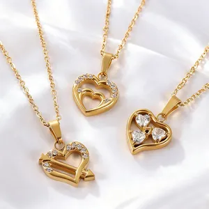 18K Gold Plated 316L Stainless Steel Heart Pendant Necklace For Women Light Luxury Zircon Inlaid Hollow Spade Arrow Jewelry Gift