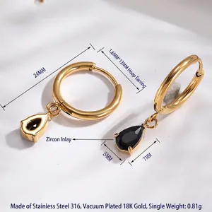 Créoles en acier inoxydable plaqué or 18 carats avec pendentifs gouttes en zircon noir