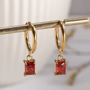Elegant 18K gold plated titanium steel hoop earrings with rectangular red zircon
