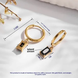 18K gold plated stainless steel hoop earrings with rectangular black zircon pendants