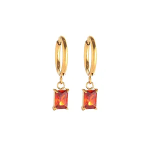 18K gold-plated titanium steel earrings with rectangular red zircon drop pendants