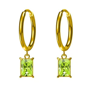 Detail of 18K gold-plated hoop earrings with rectangular light green zircon stones