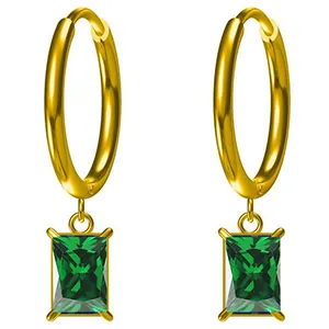 Close-up of 18K gold plated hoop earrings with emerald cut green zircon pendants