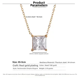 Titanium steel square zircon pendant necklace with 18K gold plating and 45cm chain