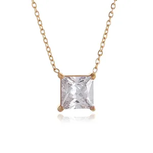 Macro shot of rose gold necklace featuring a square-cut clear zircon pendant in 4-prong setting