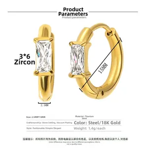 18K gold-plated titanium steel hoop earrings with rectangular AAA zircon stones