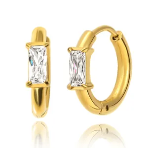 Gold rectangular zircon hoop earrings in polished titanium steel for women