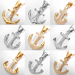 Gold and silver anchor necklaces with zircons in various styles shown in a grid
