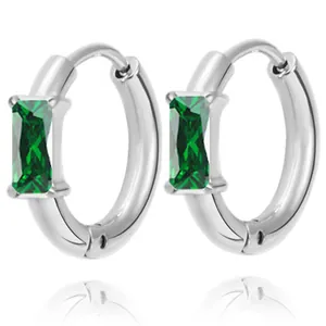 Detail of silver hoop earrings featuring a rectangular green zircon stone inlay