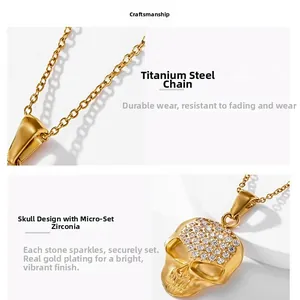 Hip hop gold skull necklace in stainless steel with micro-set zircons for men and women