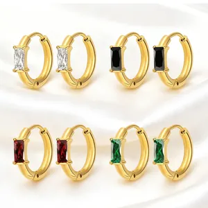 Stainless Steel Baguette Zirconia Hoop Earrings Gold Silver Minimalist Geometric Huggie Earrings For Women Fashion Jewelry