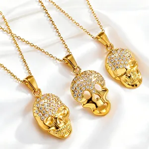 Hip Hop Skull Pendant Necklace Stainless Steel Titanium Steel Zirconia Inlaid 18K Gold Plated Cross Chain Gothic Punk Jewelry