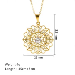 Mandala floral stainless steel necklace with sparkling crystal and 32x25mm dimensions