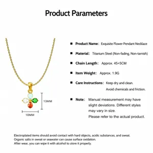 Elegant stainless steel clover necklace with colorful zircon pendant on white background