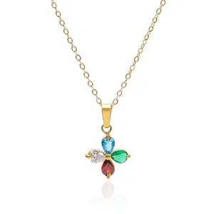 Gold stainless steel necklace with multi-color clover zircon pendant on white background
