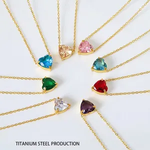 Titanium stalen halsketting set met hartvormige zirkonia hangers in diverse kleuren