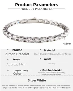 Detail van 4x6mm ovale zirkonia op de 19cm gepolijste roestvrijstalen tennisarmband