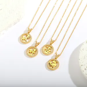 Vier goldene Tierkreis-Halsketten aus Titanstahl mit runden Anhängern und Zirkonia-Steinen
