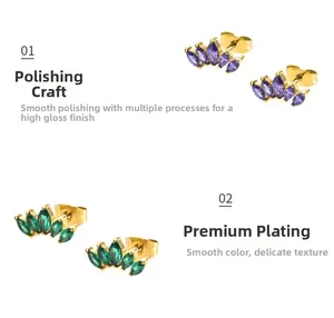 Boucles d'oreilles dorées avec oxydes de zirconium violets et verts taille marquise