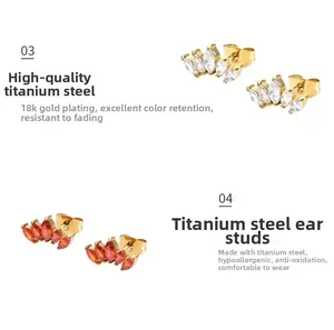 Détail de boucles d'oreilles couronne en acier titane plaqué or 18 carats et zircon