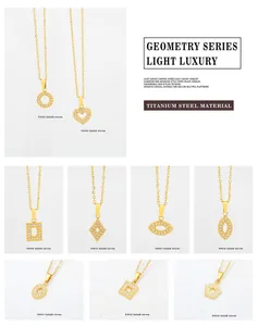Detailed grid of geometric titanium steel necklaces with inlaid white zircon pendants