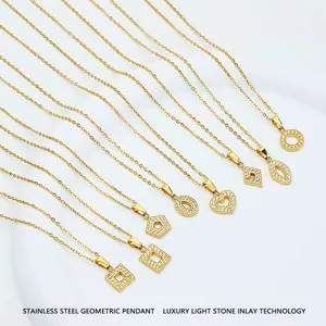 Set of eight gold stainless steel geometric necklaces with pavé zircon stone inlay