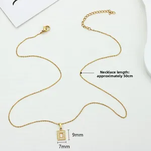Golden titanium steel rectangle pendant necklace with sparkling zircon pavé for women