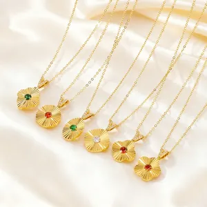 Titanium Steel 18K Gold Plated Sunburst Guilloche Pendant Necklace For Women Elegant Clover Flower Geometric Zirconia Inlaid Jewelry Gift