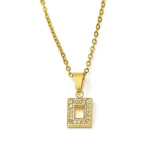 Detailed view of square pendant necklace with inlaid sparkling cubic zirconia stones