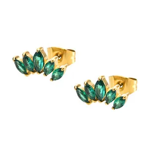 Boucles d'oreilles dorées en épi de blé pour femmes avec zircons verts marquise sertis