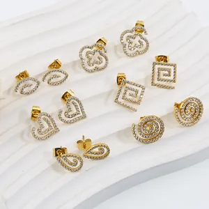 Detailed collection of hollow gold earrings featuring micro-set white zircon stones