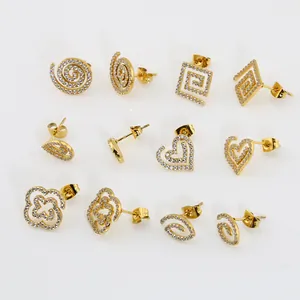 6-pair set of gold titanium steel earrings with white zircon inlays and diverse geometries