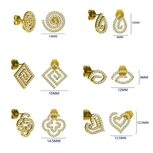 Set of titanium steel earrings with zircon inlay in six geometric gold plated designs