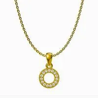 Macro detail of gold circle pendant with micro-paved white zircons on fine link chain