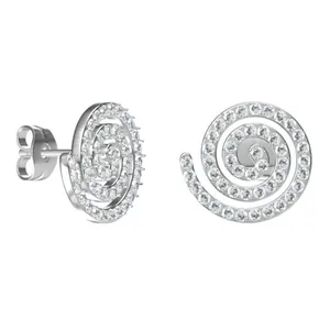Detailed view of silver titanium steel spiral earrings with micro-paved white zircons