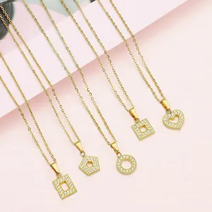 Elegant gold titanium steel necklace set with geometric and heart zircon pendants