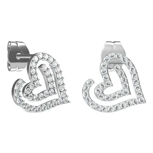 Detailed view of heart-shaped titanium steel earrings with pavé white zircon stones