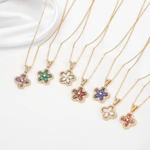 Elegant five-petal flower pendant necklace with colorful gems and gold-plated chain