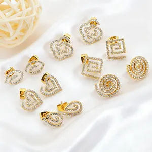 Titanium Steel Zirconia Stud Earrings Hollow Swirl Geometric Heart Clover Gold Silver Plated Women Luxury Jewelry