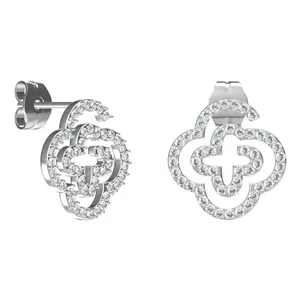Titanium steel stud earrings with hollow flower design and micro-paved white zircons
