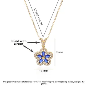 Detailed view of 316 stainless steel five-petal floral pendant with blue zircons