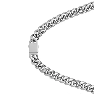 Close-up of silver Cuban link chain with polished finish and rectangular clasp detail