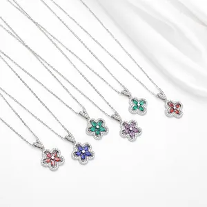 Elegant five-petal flower necklaces with colorful zircon crystals in silver finish
