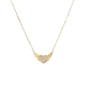 Elegant gold titanium steel heart necklace with crystal wings and pavé zircon pendant