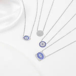 Titanium steel evil eye necklaces with blue and white zircon pendants on silver chains