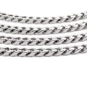 Close-up of polished silver Cuban link chain with detailed flat interlocking rings
